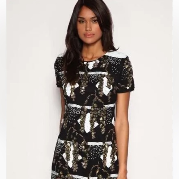 NWT French Connection Wisteria Lane sequin Black Gold White dress Sz 4US Sz 8UK - Picture 2 of 5